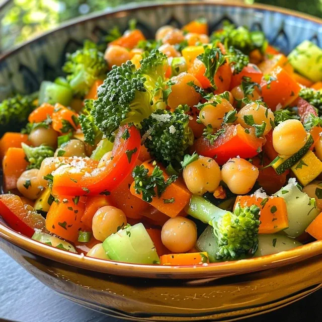 Side view of a colorful bowl filled with roasted carrots, bell peppers, zucchini, and broccoli.