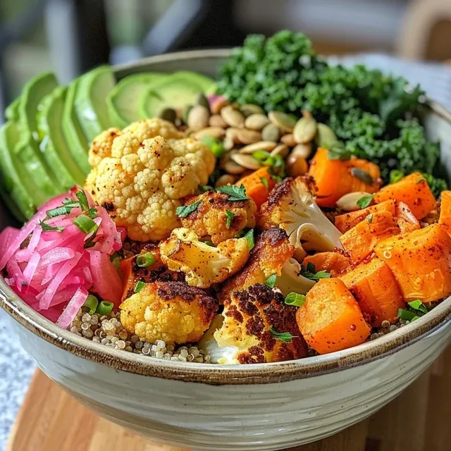 Close de uma tigela com floretes de couve-flor, cenouras, couve e abacate, iluminada naturalmente.