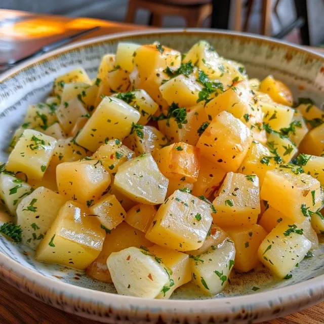 Side view of Salada de Batata com Maionese de Leite, highlighting diced potatoes and fresh vegetables.