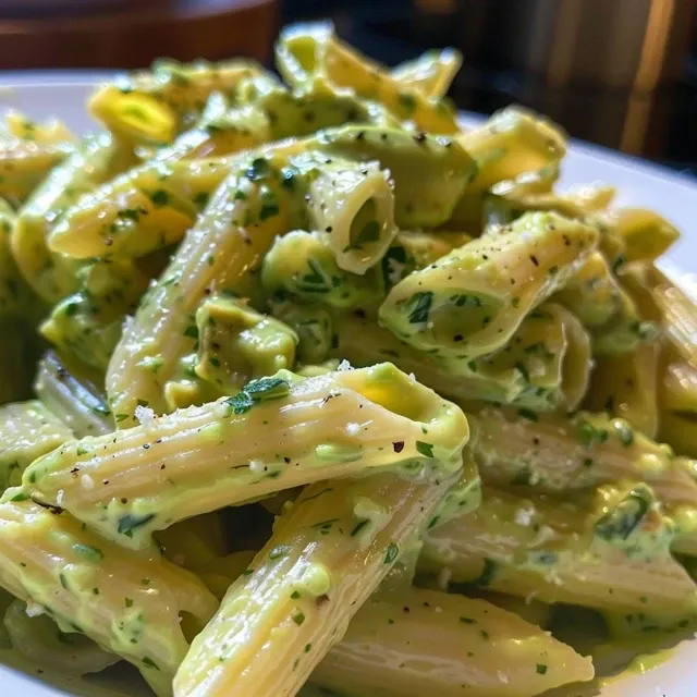 Side view of a bowl filled with creamy avocado pasta topped with black pepper.