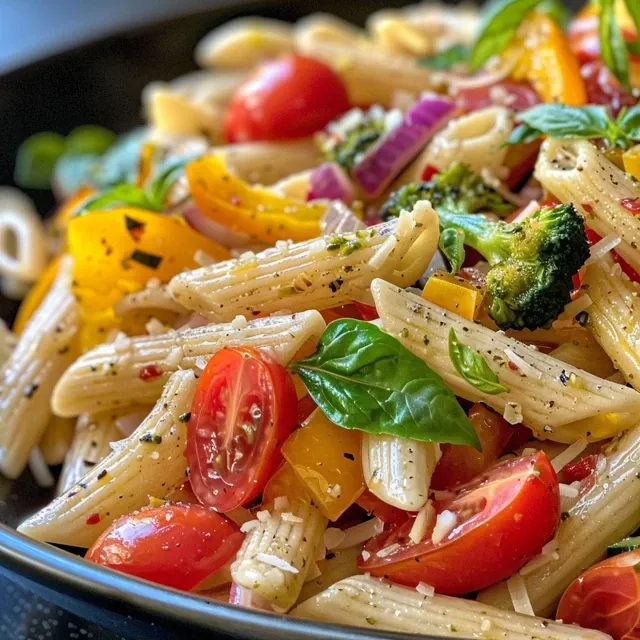 Vista lateral de macarrão com vegetais grelhados, incluindo pimentões e abobrinhas.