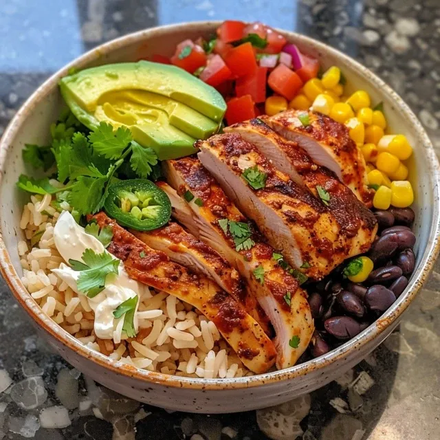 Juicy chicken burrito bowl featuring rice, beans, and avocado slices.