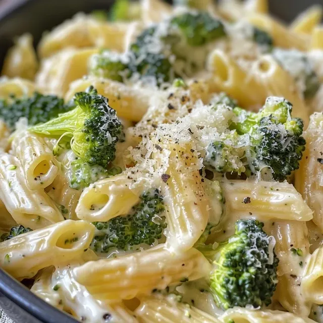 Side view of a generous serving of pasta mixed with broccoli and creamy sauce.