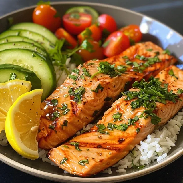Salada de arroz com filés de salmão, abacate e tomates em um recipiente.