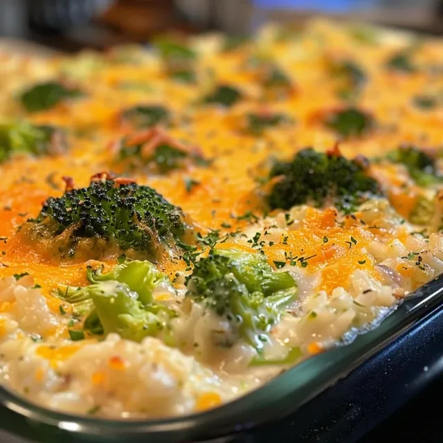 Vista lateral de uma caçarola de brócolis e queijo, mostrando camadas de arroz e vegetais.