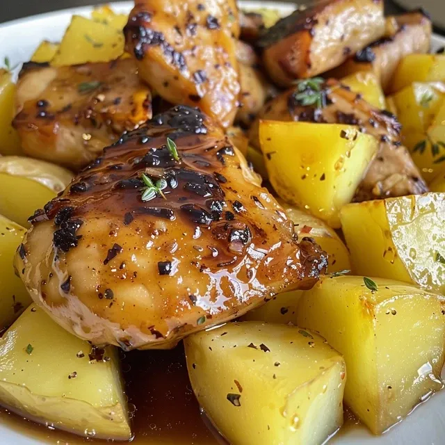 Side view of a savory sheet pan dish featuring chicken and potatoes.