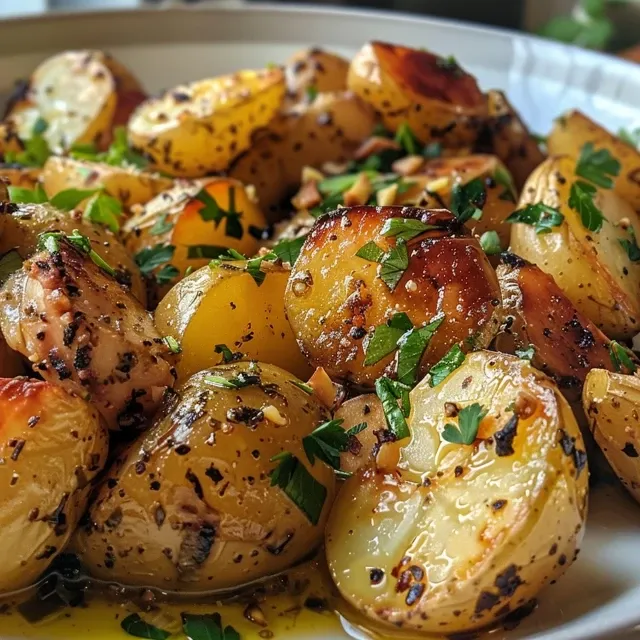 Close-up de batatas pequenas e crocantes, com ervas e limão.