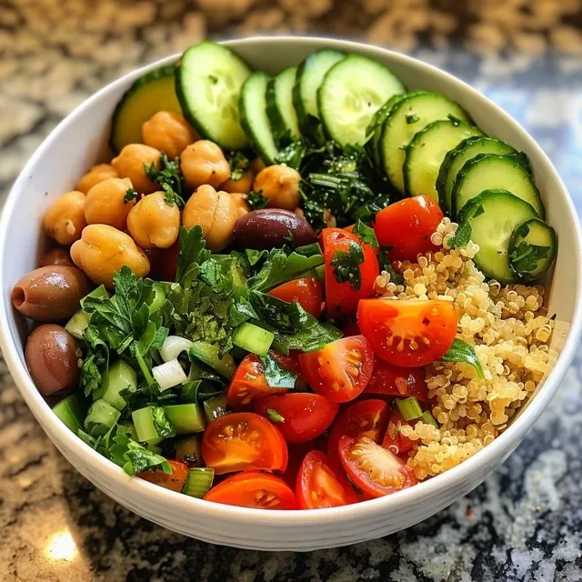 Close-up de uma tigela de quinoa com tomates e azeitonas.
