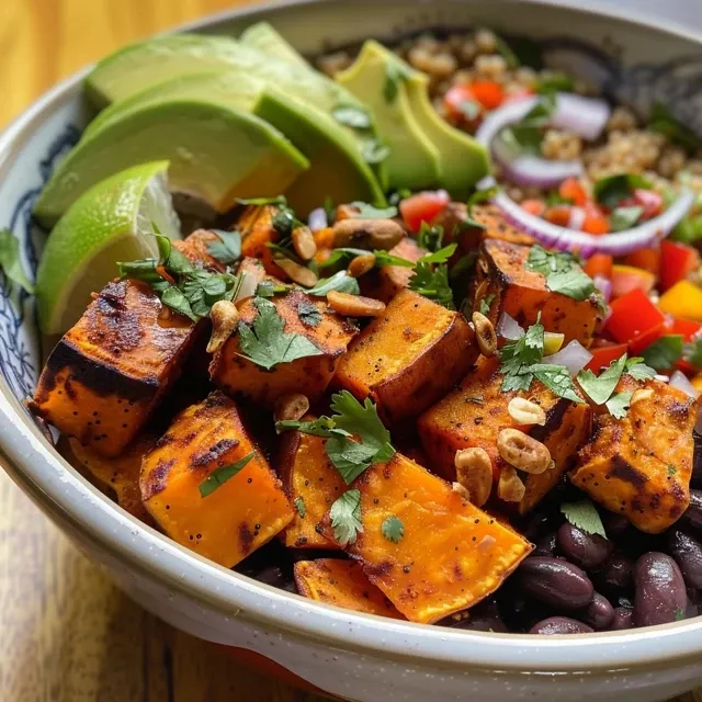 Colorful ingredients of sweet potato and black bean bowl displayed in a bowl.