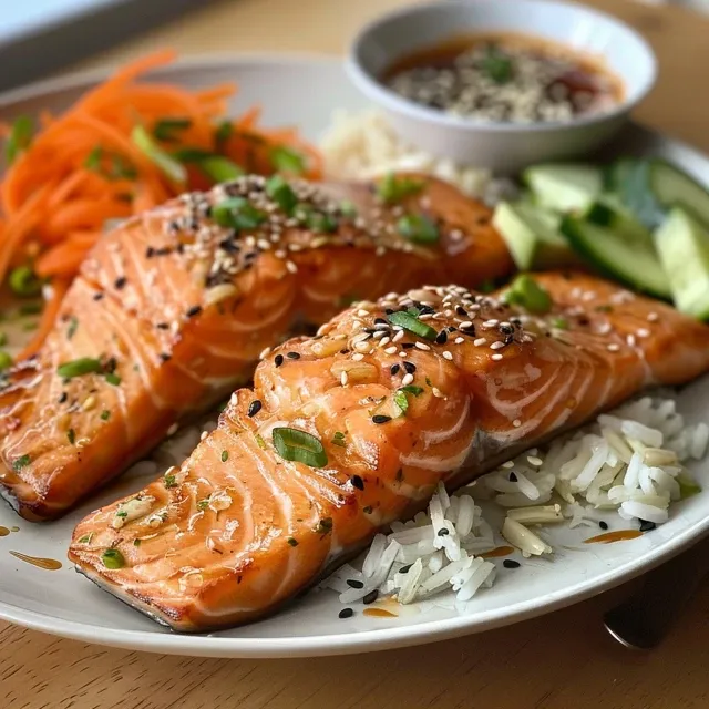 Salmão grelhado com molho de manteiga de alho, servido sobre arroz e decorado com vegetais.