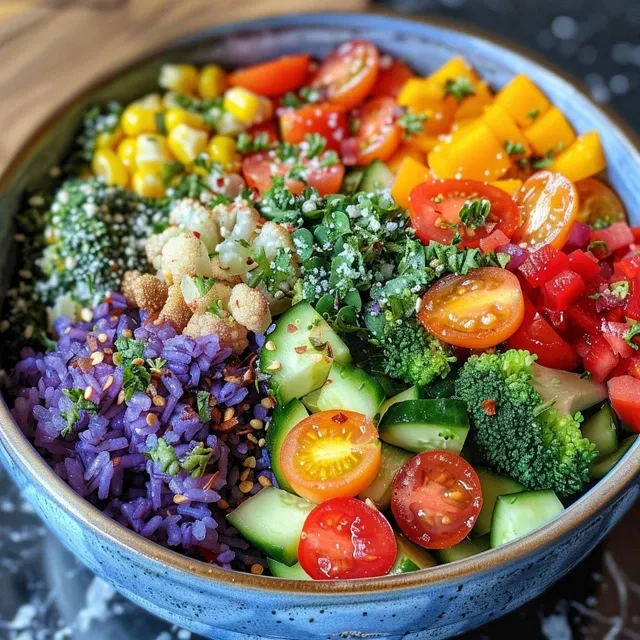 Vibrant roasted vegetable bowl with a variety of fresh vegetables, including zucchini and cauliflower.