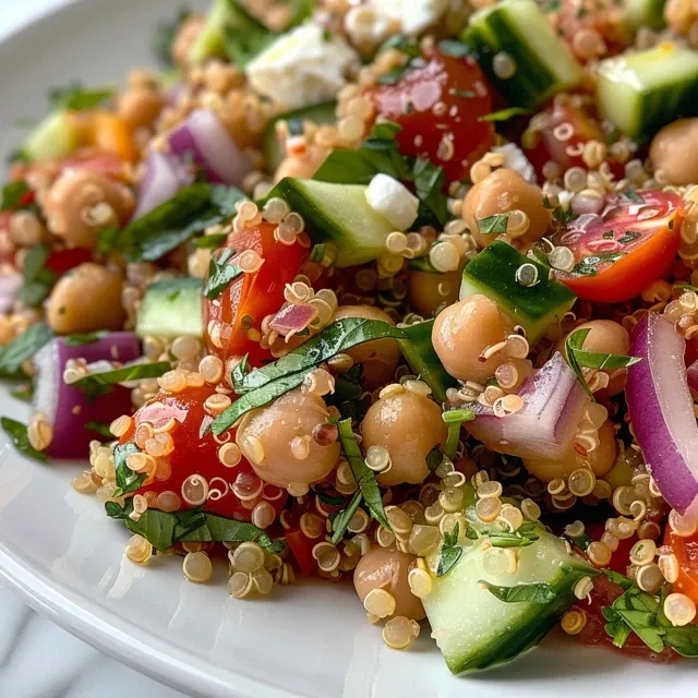 Close-up de uma salada de quinoa com tomate, pepino e azeitonas.
