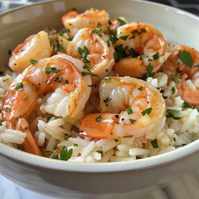 Side view of a delicious garlic butter shrimp and rice dish, featuring fresh herbs.