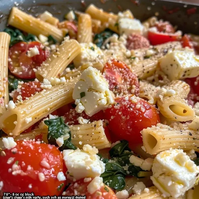 Side view of creamy Baked Feta Pasta on a white plate, highlighting the feta and pasta.