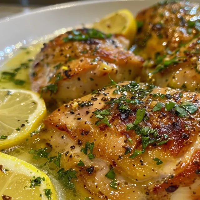 Close-up de frango em molho de limão com ervas frescas.