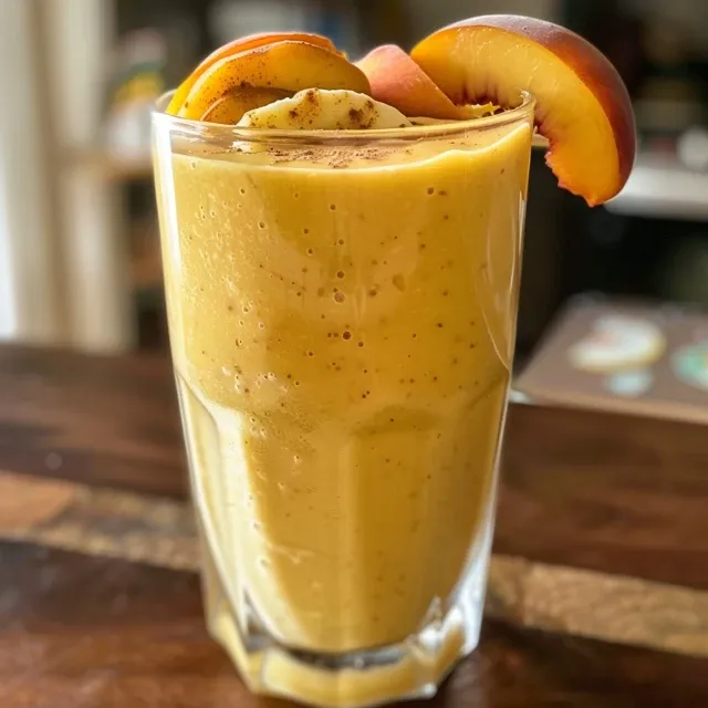 Close-up de um smoothie amarelo pêssego com pedaços de fruta visíveis.