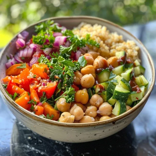 Close-up de uma tigela saudável com chickpeas e legumes coloridos.