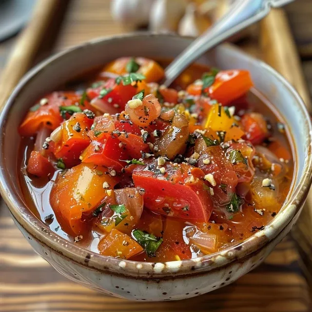 Side view of juicy roasted tomato sauce with fresh vegetables.