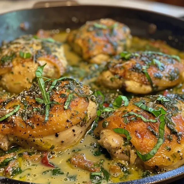 Close-up de peito de frango em molho cremoso com ingredientes frescos.