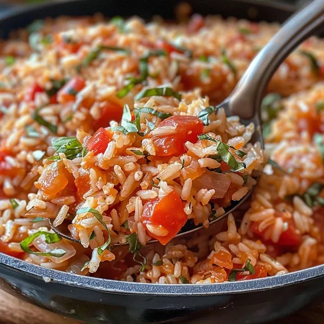 Side view of a bowl of Arroz com Tomate e Manjericão, showcasing rice texture and ingredients.
