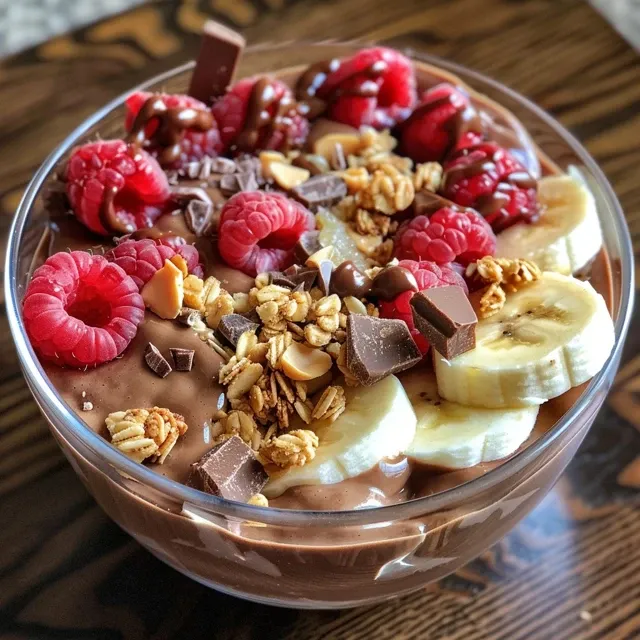Close-up de uma tigela de proteína com iogurte de chocolate.