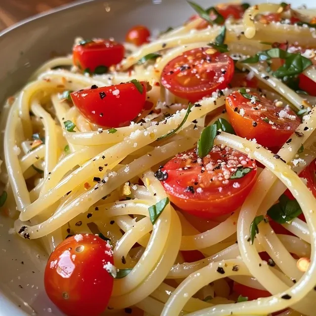 Side view of a serving of pasta with olive oil, garlic, and colorful cherry tomatoes.