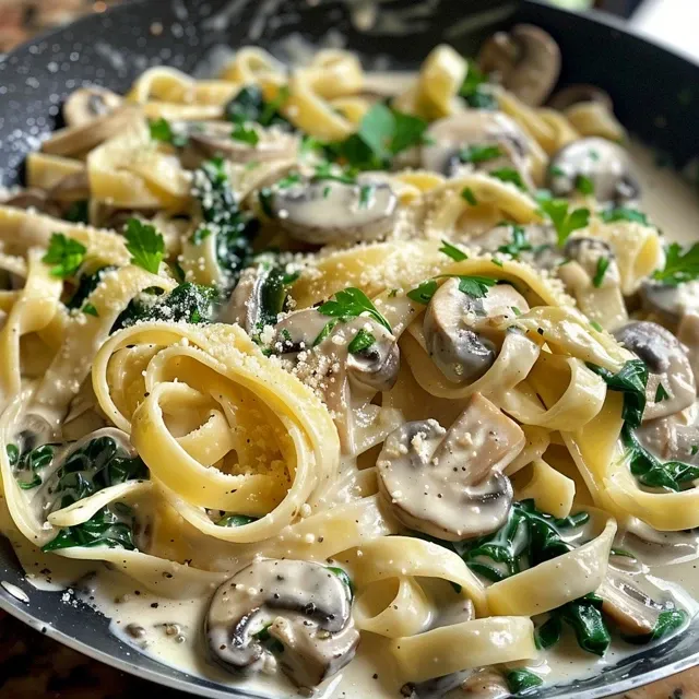 Side angle of a bowl filled with delicious creamy mushroom and spinach pasta.