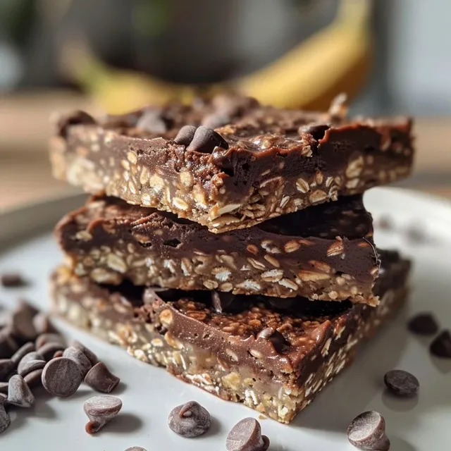 Foto lateral de barras de chocolate e aveia, com destaque para pedaços de chocolate visíveis.