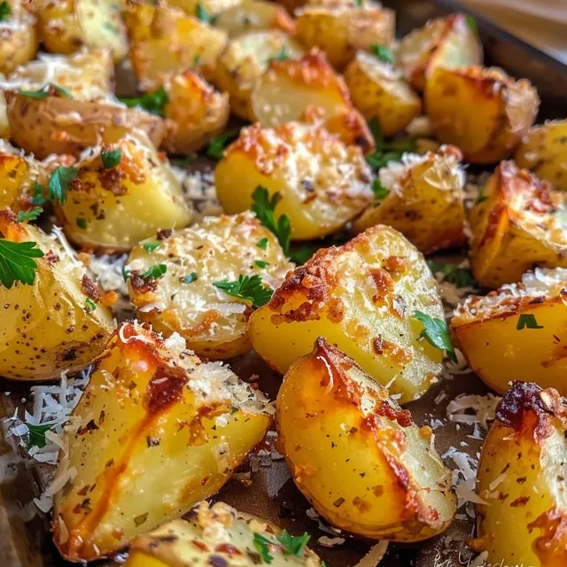 Uma travessa de batatas com crosta de parmesão e ervas, vista lateral.