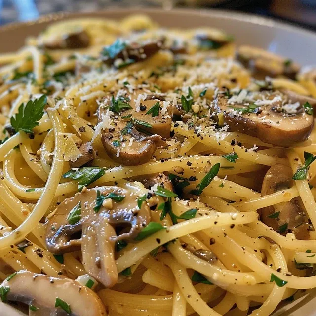 Side view of delicious spinach and mushroom pasta featuring a rich, creamy texture.