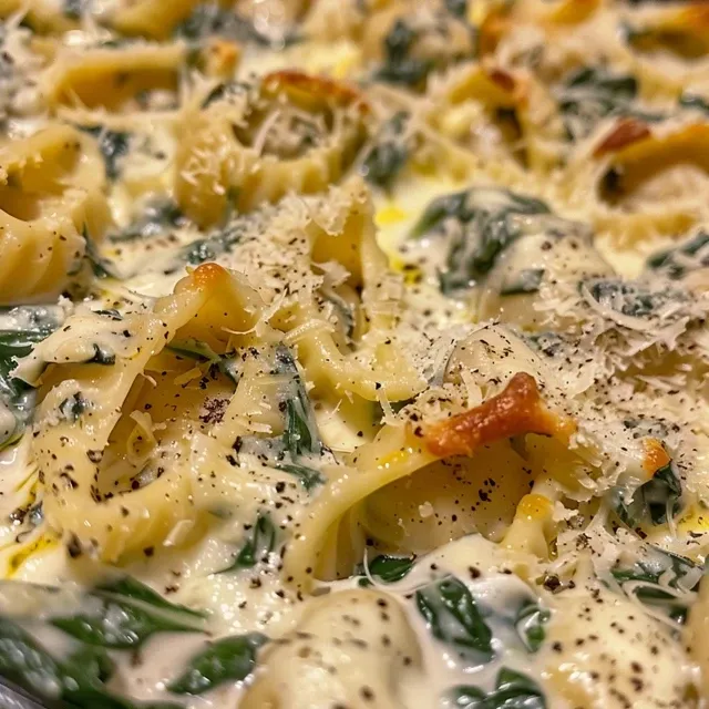 Side view of a baked pasta dish featuring spinach and ricotta.