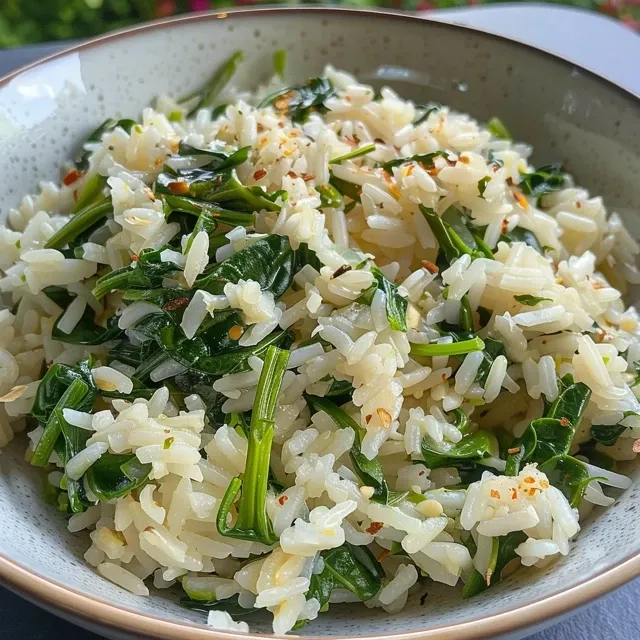 Side view of a vibrant dish of Arroz de Espinafre e Alho.