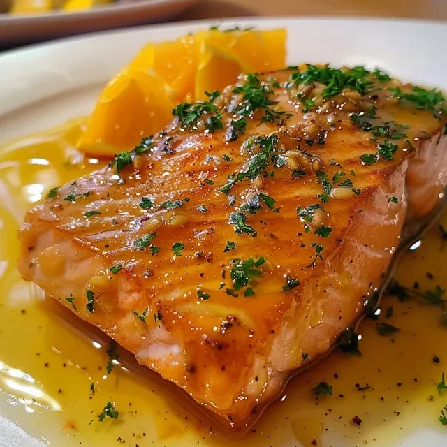 Salmão ao Molho de Maracujá: Uma Explosão de Sabores na Sua Mesa Salmão grelhado com molho de maracujá em fundo neutro, destacando a textura do peixe.