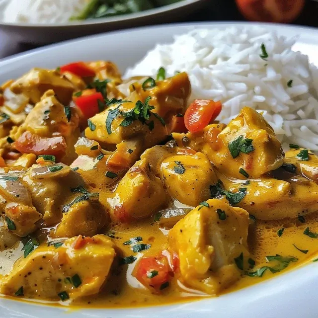 Juicy chunks of chicken curry with coconut milk, garnished with parsley.