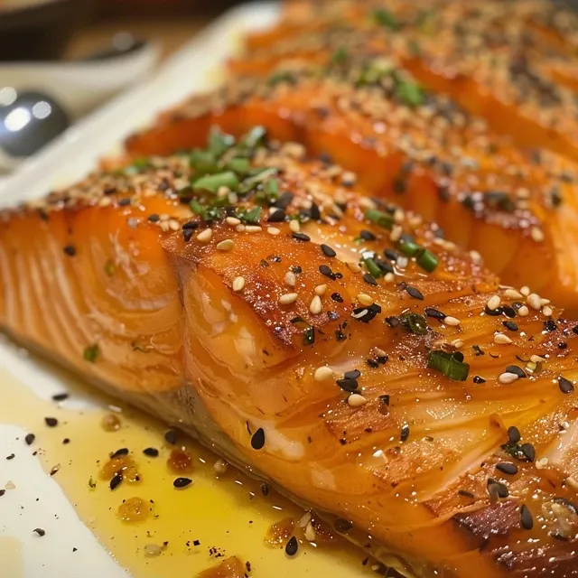 Prato de salmão ao molho de maracujá em apresentação artística, mostrando ingredientes frescos.
