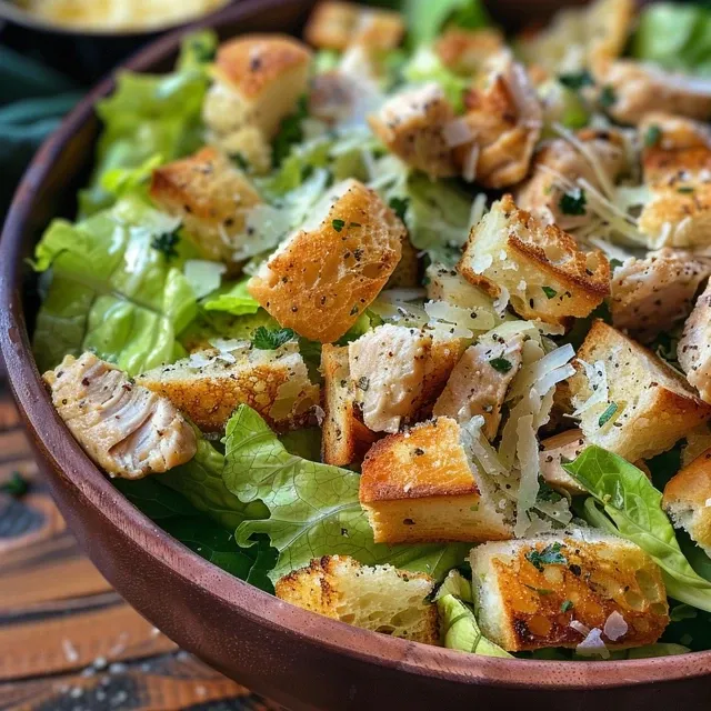 Detalhe de uma salada Caesar com frango, croutons e queijo parmesão ralado.
