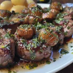 Almôndegas estufadas com massa em um prato, vista lateral.