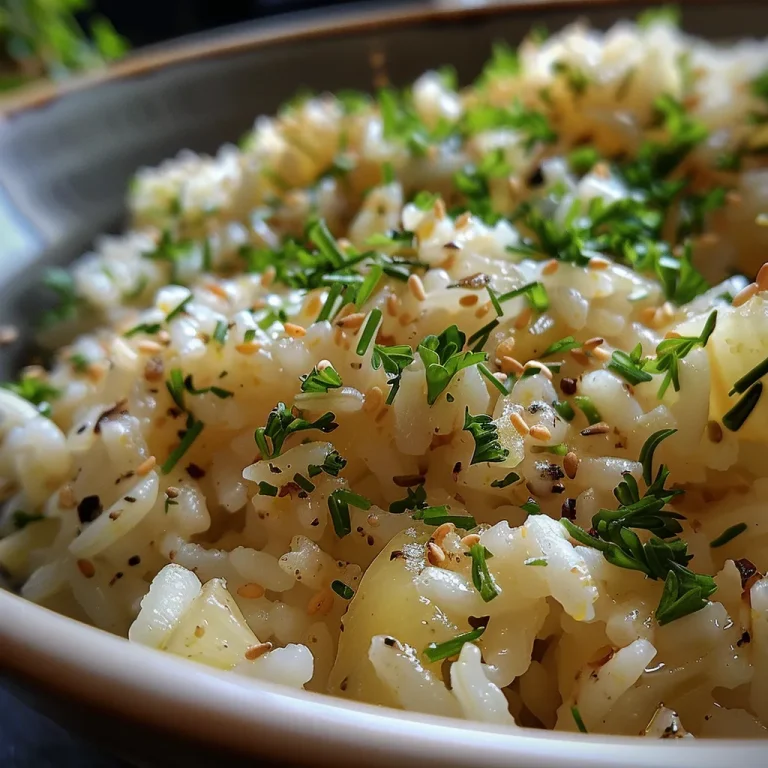 Close-up de arroz alho e óleo em um prato, com alho dourado visível.