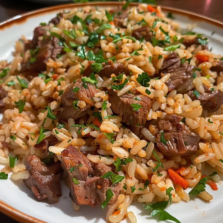 Close-up view of a plate of arroz carreteiro with meat and vegetables.