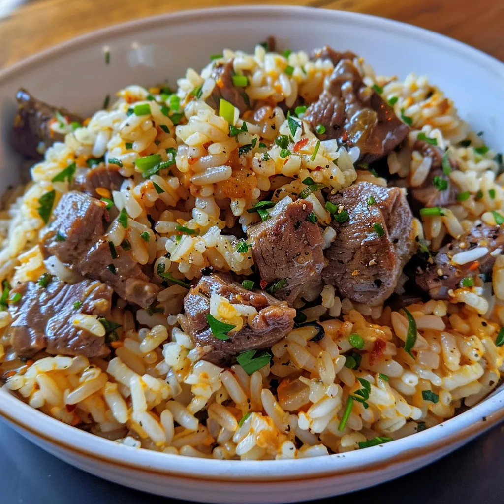 Side view of delicious arroz carreteiro showcasing juicy rice and ingredients.