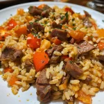 Close-up of a plate of Arroz Carreteiro Tradicional with colorful ingredients.