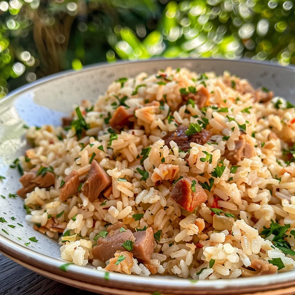 Detailed view of Arroz Carreteiro filled with chopped vegetables and savory meat.