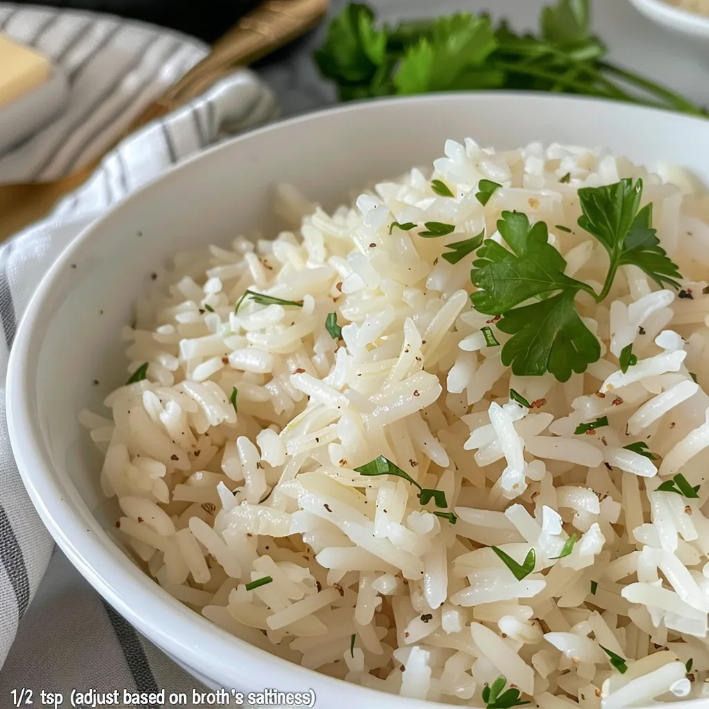 Side view of a bowl of Arroz com Manteiga de Alho with melted butter glistening.