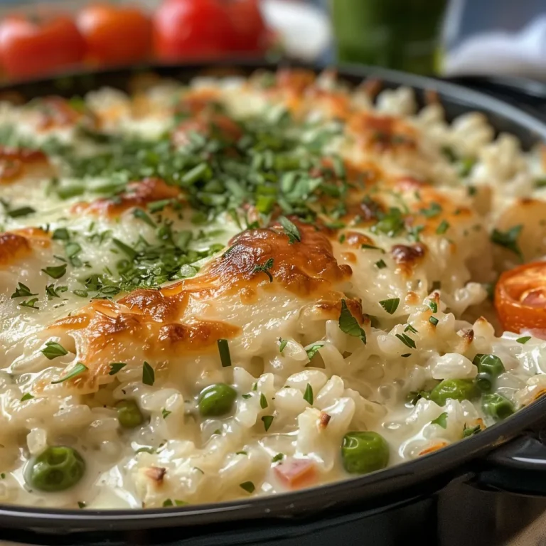Arroz de Forno com Frango Cremoso: Uma Del cia Pr tica para o Seu Almo o Close-up of creamy baked rice with shredded chicken, garnished with herbs.