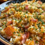 A vibrant plate of baked rice with melted cheese and ham.