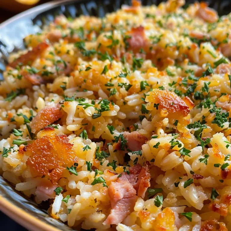 A vibrant plate of baked rice with melted cheese and ham.