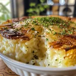 Detalhe de uma fatia de Arroz de forno cremoso, destacando a combinação de queijo e legumes.