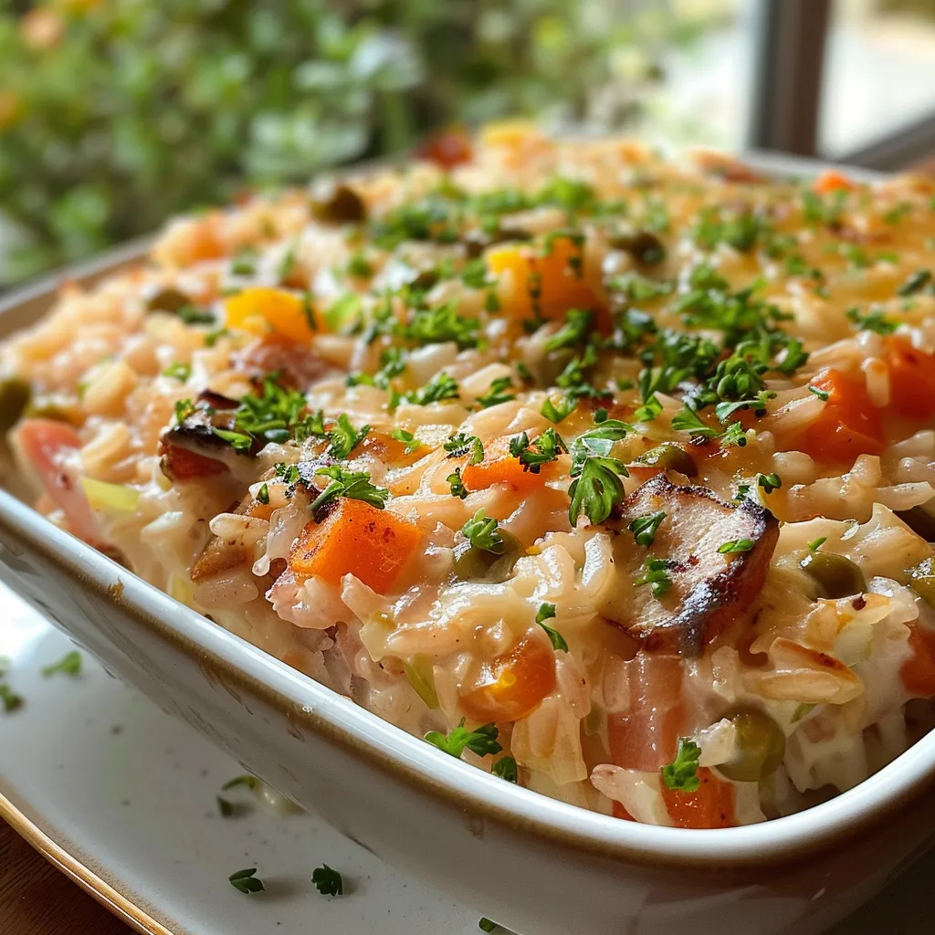 Porção de Arroz de forno cremoso em um prato, com cores vibrantes e ingredientes variados.