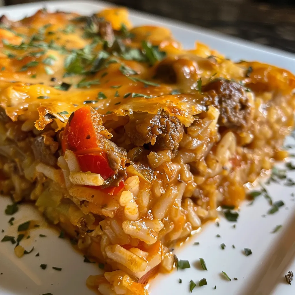 Rich Arroz de forno in a baking dish, highlighting the melted cheese and garnished with herbs.