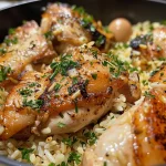 Close-up de arroz de frango assado, mostrando pedaços de frango suculentos.